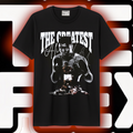 The Greatest Muhammad Ali black and white collage graphic tee on black shirt
