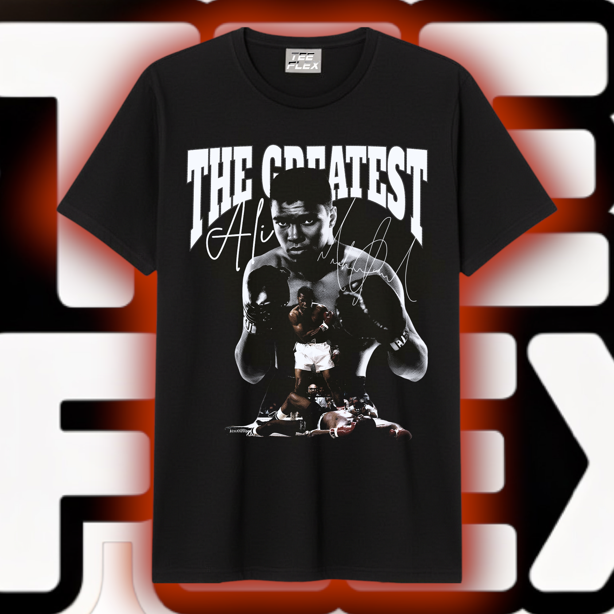 The Greatest Muhammad Ali black and white collage graphic tee on black shirt