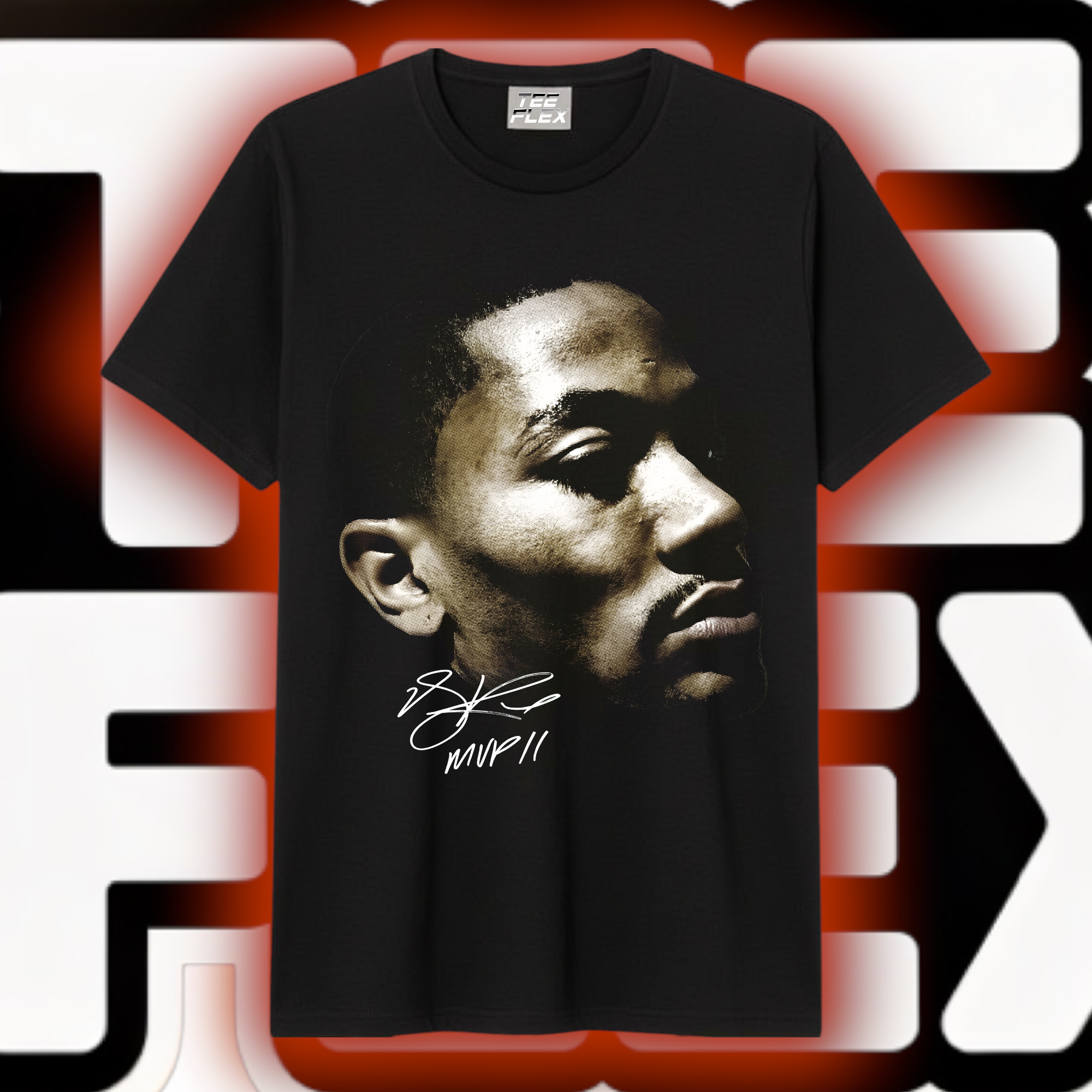 MVP II sepia close-up portrait graphic tee on black shirt