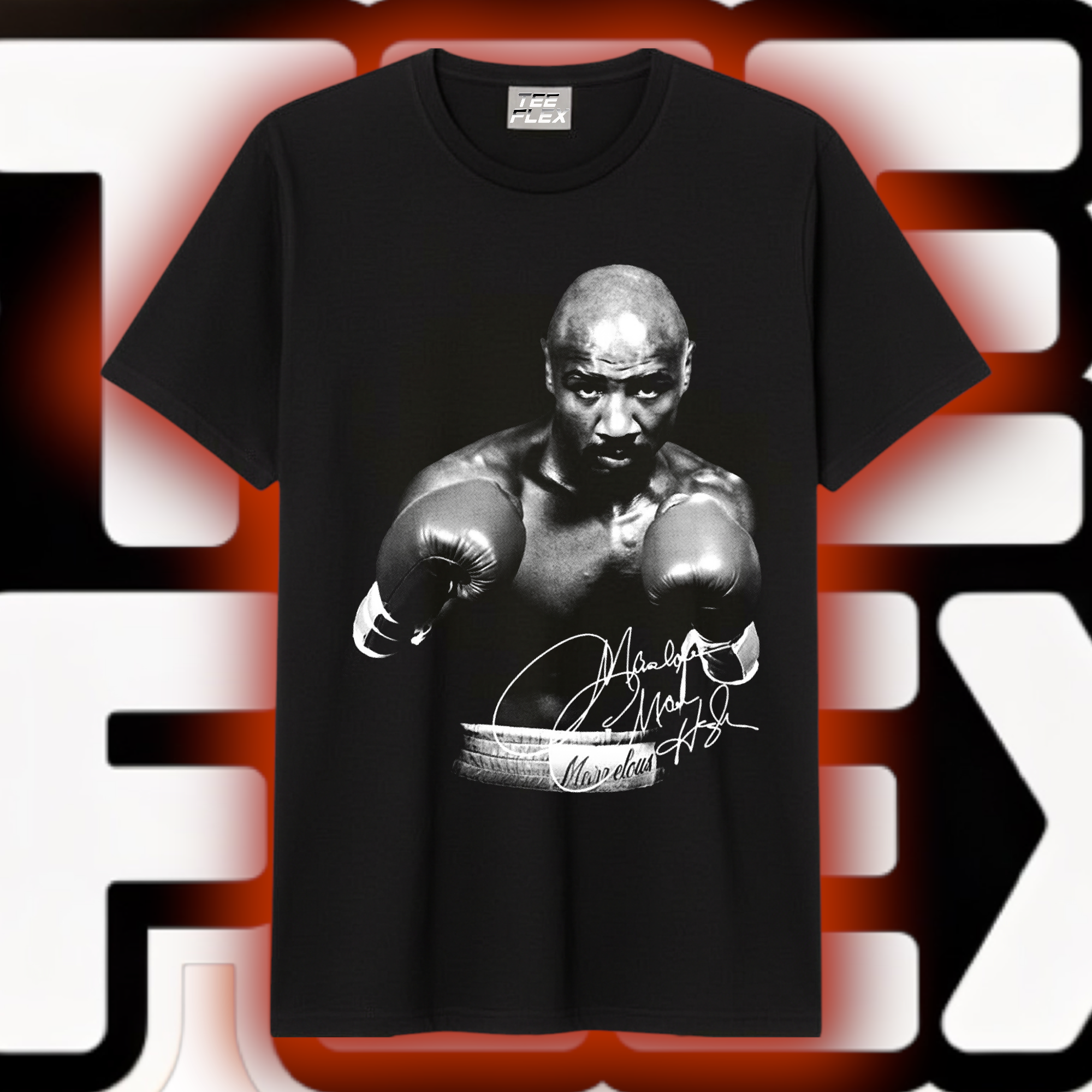 Marvelous boxing legend black and white portrait graphic tee on black shirt