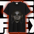 Sade dramatic close-up portrait graphic tee on black shirt with hoop earrings