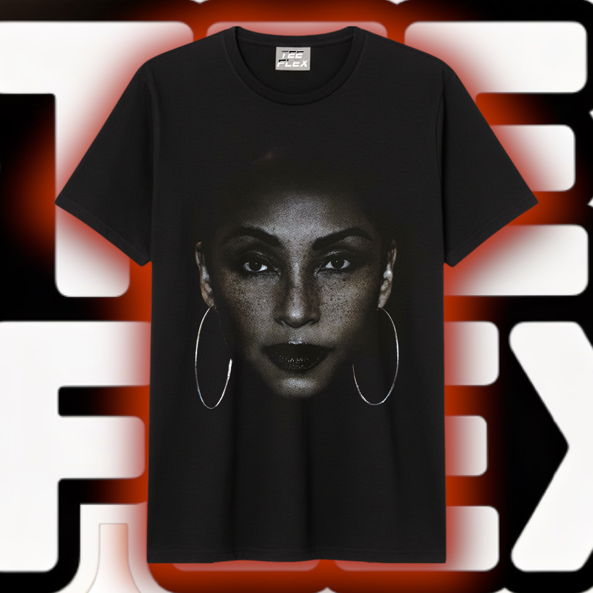 Sade dramatic close-up portrait graphic tee on black shirt with hoop earrings