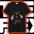 Aaliyah signature portrait graphic tee on black shirt with Aaliyah cap and sunglasses