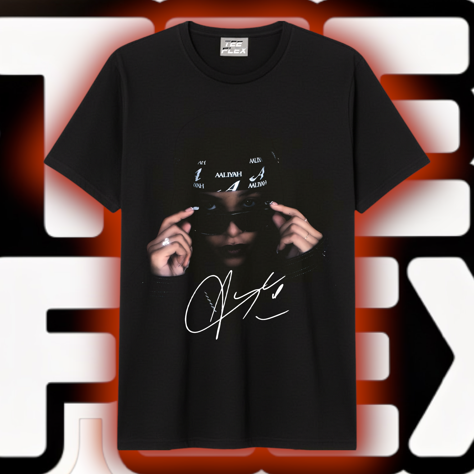Aaliyah signature portrait graphic tee on black shirt with Aaliyah cap and sunglasses