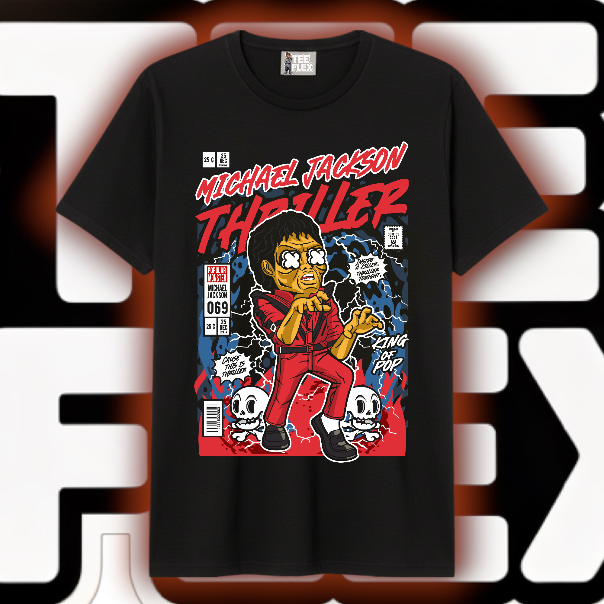 Michael Jackson Thriller King of Pop comic book style graphic tee in black