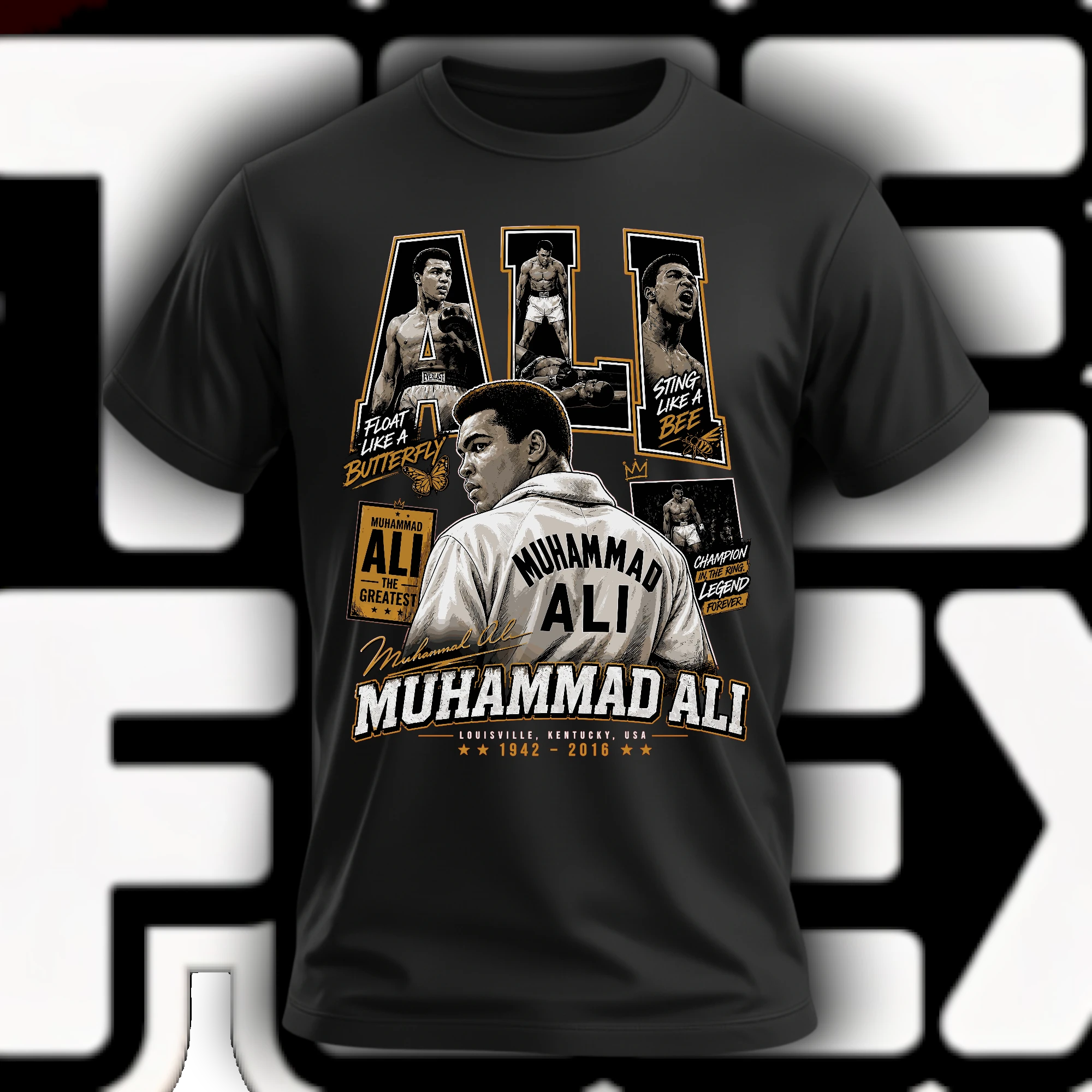 Muhammad Ali Float Like a Butterfly Sting Like a Bee graphic tee in black